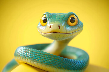 Fototapeta premium snake on a yellow background, snake on a blank yellow background, a snake, snake, cute snake, yellow background, copy space for add text, 3d rendering, 3d, vector, AI generative