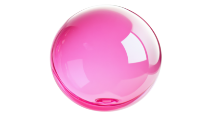 Bright pink glass sphere reflecting light on transparent background