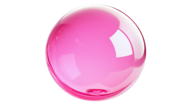 Bright pink glass sphere reflecting light on transparent background