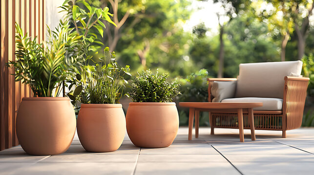 Handmade terracotta pots filled with greenery on sunny patio