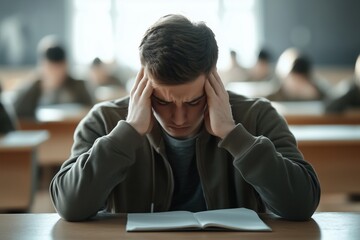 Frustrated student with hands on head sitting in classroom with an open book. educational challenges and exam stress.