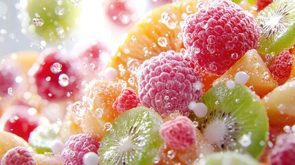 Frozen fruit mix splashing, vibrant colors, studio shot, food advertising