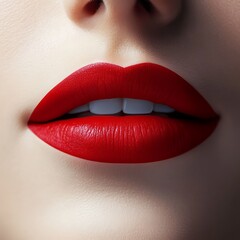 Fototapeta premium Stunning Red Matte Lipstick on Female Lips Isolated on White