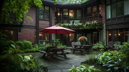 Obraz premium Courtyard patio with red umbrella, brick building, green plants, wooden furniture, balcony flowers.