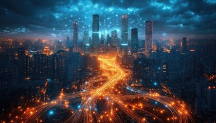 Fototapeta premium Online Service Data Streams Flowing Through Futuristic City Network at Night