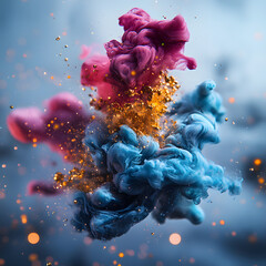 Abstract swirl of pink, blue, and gold smoke or ink with glitter particles against a soft, blurred blue background.