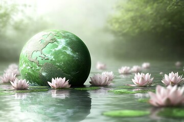 Artistic view of a green globe surrounded by floating lotus flowers on a calm pond, blending tranquility with ecology.