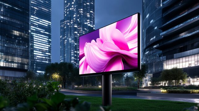 Vibrant pink abstract on digital billboard in modern urban nightscape