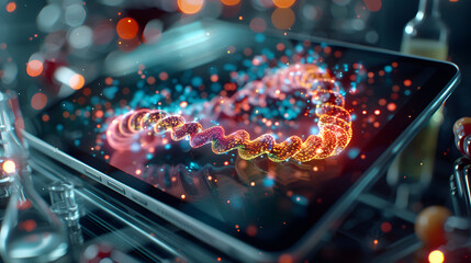 Digital DNA strand visualized on a tablet screen, set against a backdrop of laboratory glassware and bokeh lights, representing scientific research.