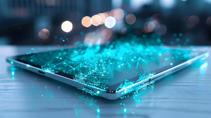 Tablet displaying blue digital network graphic overlay on screen, bokeh lights blurred background.