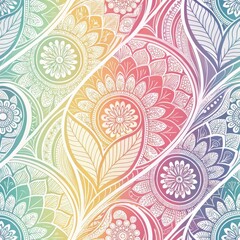 Seamless Pastel Rainbow Mandala Pattern Ornate Floral Design Ethnic Boho Textile Background