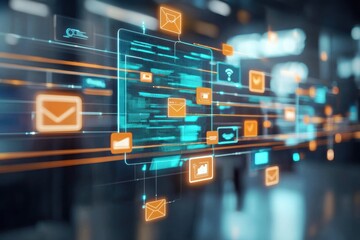 Digital communication network virtual workspace data visualization modern office close-up information technology