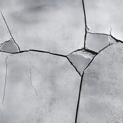 Close-up of cracked concrete surface in black and white, featuring deep fissures and fragmented texture.