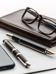 Fototapeta premium Leather-Bound Notebook, Fountain Pens, Eyeglasses, and Smartphone on Bright White Background - Business & Luxury Lifestyle