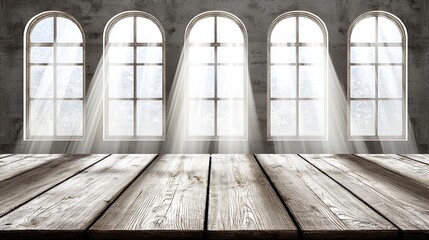 Bright Office Space with Wooden Table Surrounded by Natural Light from Large Windows