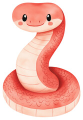 Fototapeta premium Cute red snake in a cheerful cartoon style illustration for kids isolated on transparent background.