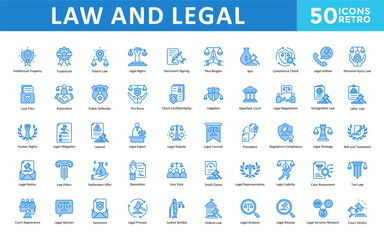 Law and Legal icons set with intellectual property, trademark, patent law, legal rights, document signing, plea bargain, bail, compliance check, legal hotline icon. Simple retro vector 
