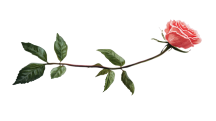 Single blooming pink rose with green leaves on transparent background