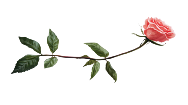 Single blooming pink rose with green leaves on transparent background