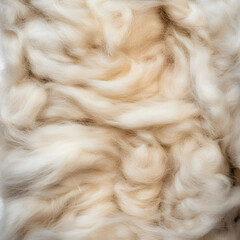 Close-up of soft, fluffy, off-white wool fibers, showcasing a natural and textured surface.