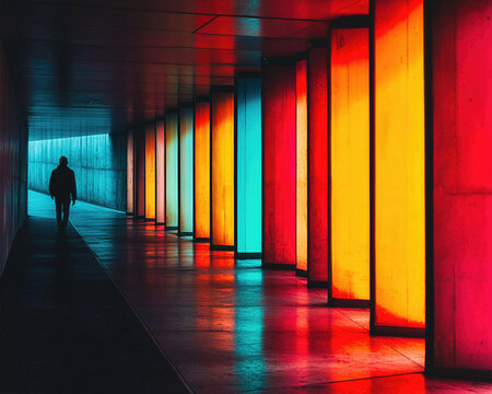 Vibrant Illuminated Corridor with Silhouetted Figure - A Striking Photography of Colorful Architectural Design