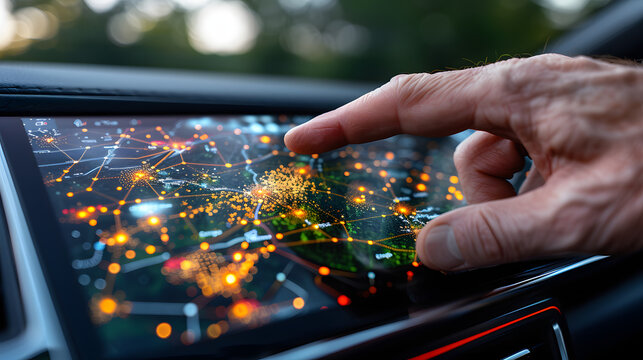 Hand interacts with a digital screen displaying a glowing map, likely for navigation or data visualization in a car. - Powered by Adobe
