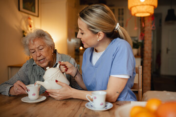 Lovely eldery woman serving tea to friendly caregiver.