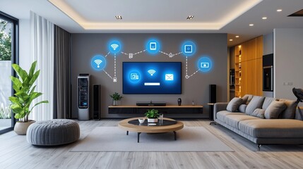 Modern Living Room with Smart Technology Integration, Minimalist Design, and Digital Connectivity in Contemporary Home Environment
