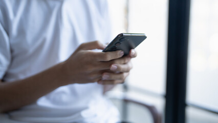 Man hold smartphone modern technology engagement in daily life