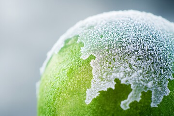 Close-up of a green globe with a lace of frost, juxtaposing the ideas of global warming and the chilling effects of climate change.