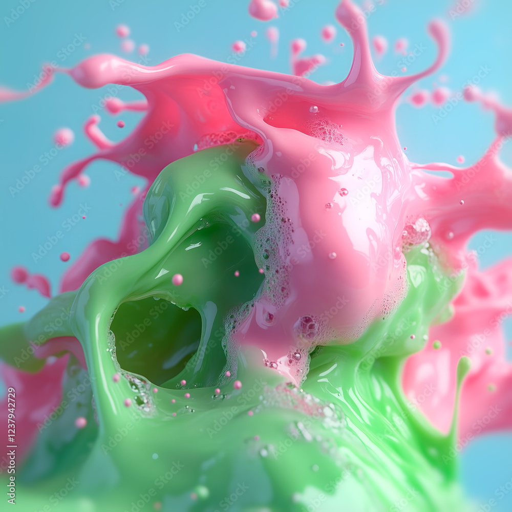 Fototapete A composition with a soft blend of pink and green in the center, with realistic splashes creating a dynamic effect. The blue background emphasizes the texture and brightness of the image