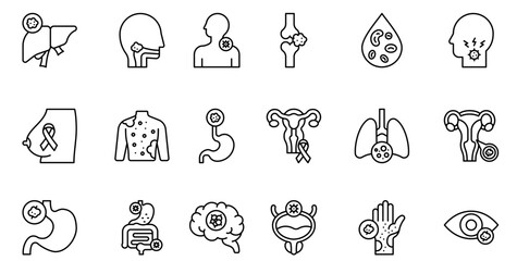 Cancer types icon. Breast Cancer, Lung Cancer, Prostate Cancer, Colorectal Cancer, Ovarian Cancer, Pancreatic Cancer, Skin Cancer and Leukemia. vector
