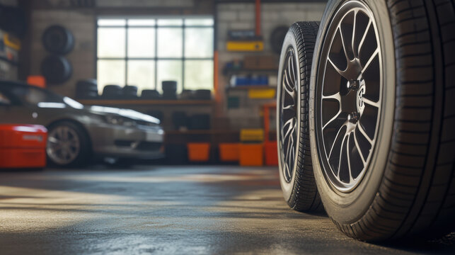 Close up of car tires stacked neatly in auto shop, showcasing detailed tread patterns and sleek design. warm lighting creates welcoming atmosphere in garage - Powered by Adobe