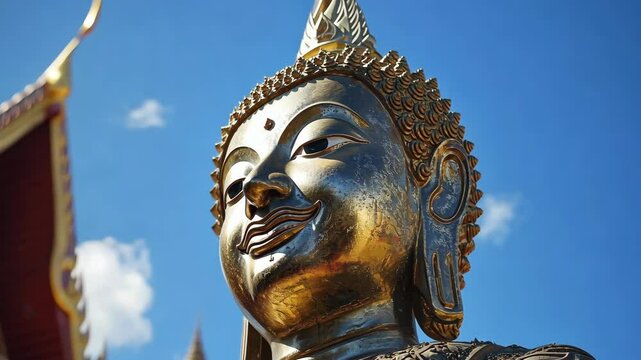 Large golden Buddha statue under clear blue sky with decorative architecture in the background