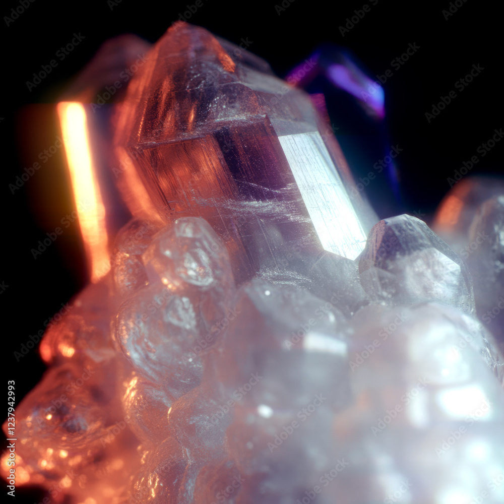 Aufkleber Translucent crystals sparkle with blue reflections and a soft, warm glow. The smoothness of the facets contrasts with the depth of the background