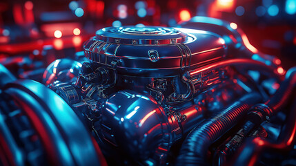 Fototapeta premium Futuristic car engine in neon blue and red light