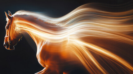 dynamic composition showing racehorse with flowing mane, capturing essence of speed and grace. vibrant colors and motion evoke sense of freedom and power