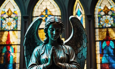 A beautifully detailed stained glass window depicting an angel in a church, illuminated by natural light, with intricate colors and patterns. - Powered by Adobe