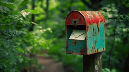 Vintage Red and Blue Mailbox with Envelope Inside and Green Foliage