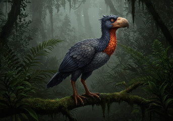 Ai image displays a majestic terror bird, a prehistoric creature, with its striking red and black plumage. It is perched in a dense jungle setting, conveying a sense of ancient times and natural wonde