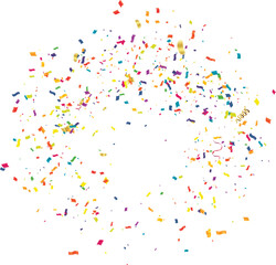 Colorful confetti and streamers in a circular pattern on a white background, perfect for celebrations and festive occasions.