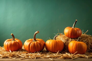 Autumnal Still Life  A Collection of Vibrant Pumpkins Nestled in Rustic Straw Against a Deep Green Background
