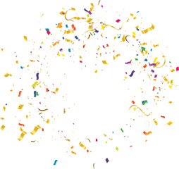 Confetti and serpentine ribbons vector background isolated on white backdrop, explosion, burst at the center