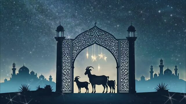 Eid Al Adha festival. Social Media Post, Greeting card with sacrificial sheep,goat and Camel, Eid Mubarak theme. Ai Generated 