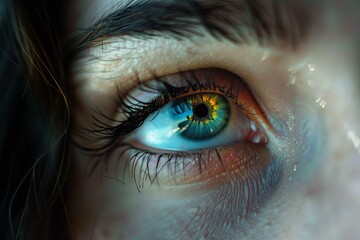 Close up of a woman's eye reflecting a mysterious light and a landscape, creating a surreal and captivating image