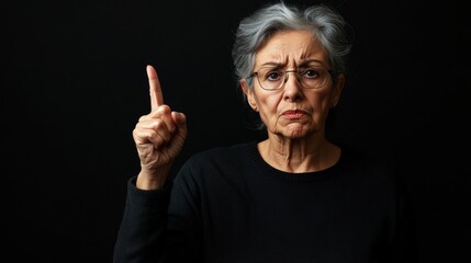 senior woman with finger up disapproving expression
