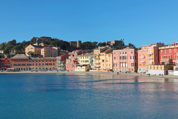 Sestri Levante, Italy - January 17, 2025. View from rock on sea, Bay of Silence, fishing cove,...