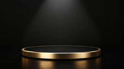 premium black and gold product display podium illuminated by spotlight, creating elegant and sophisticated atmosphere. Perfect for showcasing luxury items