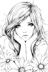Fototapeta premium A girl with long hair is sitting with her hands on her knees. She has a sad expression on her face