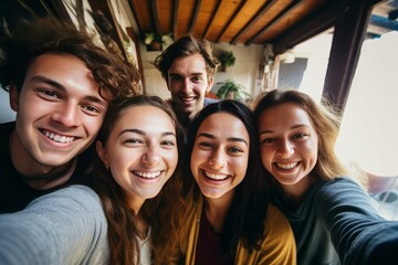 Five happy young adults bunching up together, smiling, while taking a selfie